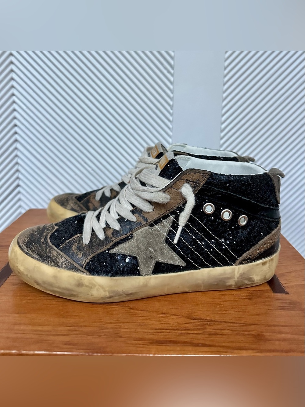 Golden Goose Women’s Mid Star Black Glitter w/ Dove-Gray Suede Star & Heel Tab